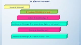 17
Criterios de divisibilidad de un número
Criterio de divisibilidad por 3
Un número es divisible por 3, si la suma de sus dígitos es múltiplo de 3.
Criterio de divisibilidad por 5
Un número es divisible por 5, si termina en cero o cinco.
Criterios de divisibilidad
Los números naturales
 