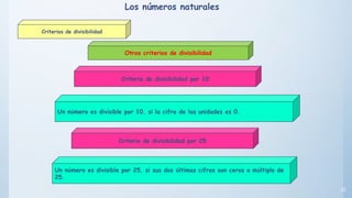 22
Otros criterios de divisibilidad
Criterio de divisibilidad por 10
Un número es divisible por 10, si la cifra de las unidades es 0.
Criterio de divisibilidad por 25
Un número es divisible por 25, si sus dos últimas cifras son ceros o múltiplo de
25.
Los números naturales
Criterios de divisibilidad
 