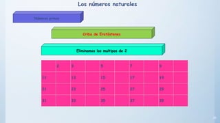 28
Eliminamos los multipos de 2
Criba de Eratóstenes
2 3 5 7 9
11 13 15 17 19
21 23 25 27 29
31 33 35 37 39
Los números naturales
Números primos
 
