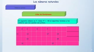 31
El siguiente número es 7. Como 72 > 40 el algoritmo termina y los
números que nos quedan son primos.
Criba de Eratóstenes
2 3 5 7
11 13 17 19
23 29
31 37
Los números naturales
Números primos
 