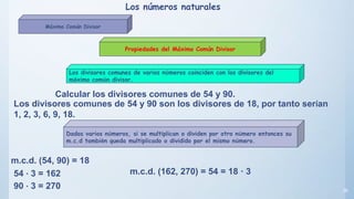 36
Propiedades del Máximo Común Divisor
Dados varios números, si se multiplican o dividen por otro número entonces su
m.c.d también queda multiplicado o dividido por el mismo número.
Los divisores comunes de varios números coinciden con los divisores del
máximo común divisor.
Calcular los divisores comunes de 54 y 90.
Los divisores comunes de 54 y 90 son los divisores de 18, por tanto serían
1, 2, 3, 6, 9, 18.
m.c.d. (54, 90) = 18
54 · 3 = 162
90 · 3 = 270
m.c.d. (162, 270) = 54 = 18 · 3
Los números naturales
Máximo Común Divisor
 