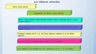41
Propiedades del Mínimo Común Múltiplo
Dados varios números todo múltiplo común a ellos es múltiplo del m.c.m de
dichos números.
Los múltiplos comunes a varios números son también múltiplos del m.c.m de
dichos números.
Cualquier múltiplo del m.c.m. de varios números también lo es de dichos
números.
El m.c.m. de dos números primos entre sí es su producto.
Si un número es un múltiplo de otro, entonces es el m. c. m. de ambos.
Los números naturales
Mínimo Común Múltiplo
 