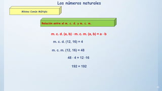 42
Relación entre el m. c. d. y m. c. m.
m. c. d. (a, b) · m. c. m. (a, b) = a · b
m. c. d. (12, 16) = 4
m. c. m. (12, 16) = 48
48 · 4 = 12 ·16
192 = 192
Los números naturales
Mínimo Común Múltiplo
 