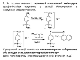 3. За рахунок наявності первинної ароматичної аміногрупи
сульфаніламіди вступають у реакції діазотування з
наступним азосполученням.
У результаті реакції з’являється вишнево-червоне забарвлення
або випадає осад оранжево-червоного кольору.
Деякі після гідролізу (стрептоцид розчинний, фталазол і т. д.)
NH2
S
NHR
O O S
NHR
O O
N N
OH
S
NHR
O O
N N
S
NHR
O O
N N
NaO
+
NaNO2, HCl
Cl
_
+
Cl
_
NaOH
 
