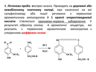 4. Лігнінова проба- експрес-аналіз. Проводять на деревині або
невибіленому газетному папері, при нанесенні на які
сульфаніламіду або іншої речовини з первинною
ароматичною аміногрупою й 1 краплі хлористоводневої
кислоти з’являється оранжево-червоне забарвлення. У
результаті гідролізу лігніну → ароматичні альдегіди, які
реагують з первинною ароматичною аміногрупою з
утворенням шиффових основ:
NH2
SO2NH-R
OH
C
OH
OCH3
+
-H2O
HCl
HC
OCH3
OH
N
SO2NH R
 