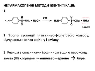 НЕФАРМАКОПЕЙНІ МЕТОДИ ІДЕНТИФІКАЦІЇ:
1.
2. Піроліз сустанції: плав синьо-фіолетового кольору;
відчувається запах аніліну і аміаку.
3. Реакція з окисниками (розчином водню пероксиду;
заліза (III) хлоридом) – вишнево-червоне → буре.
H2N S NH2
O
O
H2N S ONa
O
O
+ NaOH + NH3
tC
запах
 