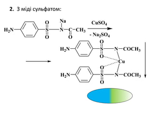 2. З міді сульфатом:
H2N S N C
Na
H2N S N COCH3
Cu
H2N S N COCH3
- Na2SO4
CuSO4
O
O
O
O
O
O O
CH3
 