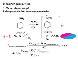 КІЛЬКІСНЕ ВИЗНАЧЕННЯ.
1. Метод нітритометрії
Ind – тропеолін 00 з метиленовим синім
  
 2NaNO за прописомV К Т V
Х( г )
V д / а
2
2
1000
NaNO сульфацетамід Na
NaNO / сульфацетамід Na
См s М .м.
T ;г / мл
 

s = 1 N
CH3
C
NH2
S OO
O
Na
S
NCOCH3
O O
N N
+
NaNO2
HCl Cl-
Na
 