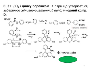 55
C. З H2SO4 і цинку порошком → пара що утворюється,
забарвлює свінцево-ацетатний папір у чорний колір.
D.
OHHO
H
OHHO
H
C
C
O
O
OH
OH
OHHO O
O
C
O
OHHO O
C
O
ONaOH
ONaO O
C
O
ONa
S
N
N
H
NHSO2
C
OHOOC
S
N
H2N NHSO2
COOH
COOH
- 2H2O
t0
С
- H2O
H2SO4, t0
C
+
NaOH
NaOH
фталева кислота
флуоресцеїн
 