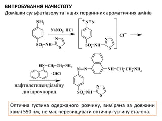 ВИПРОБУВАННЯ НАЧИСТОТУ
Домішки сульфатіазолу та інших первинних ароматичних амінів
CH2
CH2
NH2
NH
Cl
_
S
N
NH2
NHSO2
S
N
N
NHSO2
N
CH2
CH2
NH2
NH
SO2
N
NH
S
N
N
. 2HCl
+
NaNO2, HCl
нафтилетилендіаміну
дигідрохлорид
Оптична густина одержаного розчину, виміряна за довжини
хвилі 550 нм, не має перевищувати оптичну густину еталона.
 