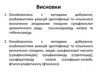60
1. Ознайомились з методами добування,
особливостями реакцій ідентифікації та кількісного
визначення амідованих похідних сульфокислот
ароматичного ряду: тосилхлораміду натрію та
глібенкламіду.
2. Ознайомились з методами добування,
особливостями реакцій ідентифікації та кількісного
визначення похідних, амідів сульфанілової кислоти
(сульфаніламідів); сульфаніламіду (стрептоцид),
сульфацетаміду натрію (сульфацил-натрій),
фталілсульфатіазолу (фталазол).
Висновки
 