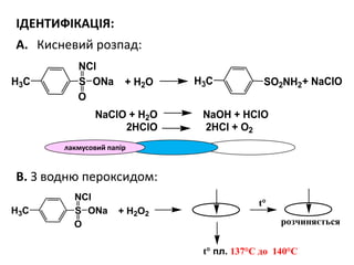 ІДЕНТИФІКАЦІЯ:
A. Кисневий розпад:
В. З водню пероксидом:
лакмусовий папір
S
O
NCl
ONa SO2NH2+ NaClO
NaClO + H2O NaOH + HClO
2HClO 2HCl + O2
+ H2OH3C H3C
S
O
NCl
ONa + H2O2H3C
розчиняється
t
t пл. 137°С до 140°С
 