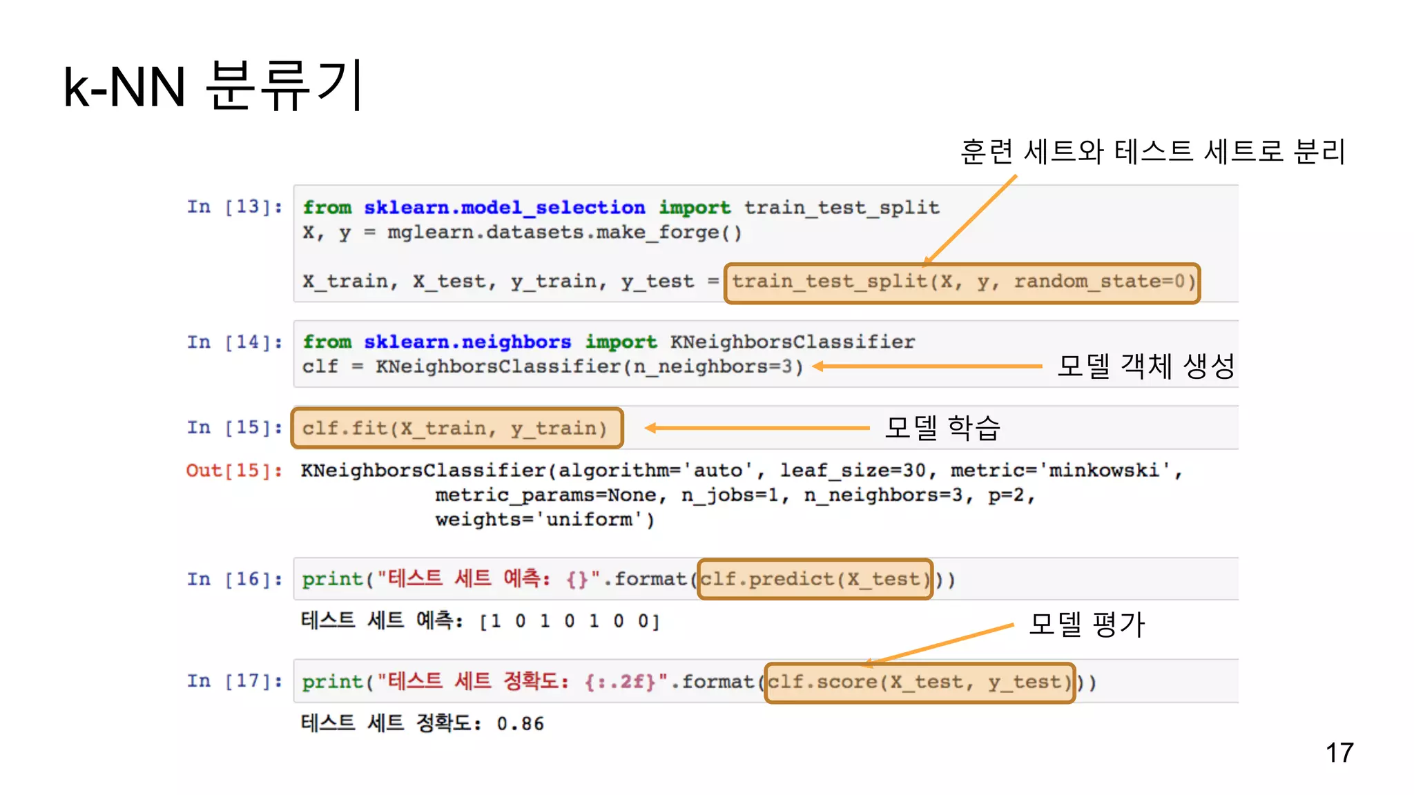 k-NN 분류기
17
훈련 세트와 테스트 세트로 분리
모델 객체 생성
모델 평가
모델 학습
 