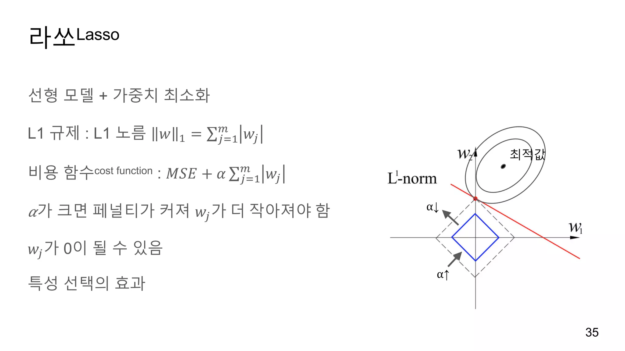 라쏘Lasso
35
선형 모델 + 가중치 최소화
L1 규제 : L1 노름 𝑤 ' = ∑ 𝑤O
P
O4'
비용 함수cost function : 𝑀𝑆𝐸 + 𝛼 ∑ 𝑤O
P
O4'
𝛼가 크면 페널티가 커져 𝑤O가 더 작아져야 함
𝑤O가 0이 될 수 있음
특성 선택의 효과
최적값
⍺↑
⍺↓
 