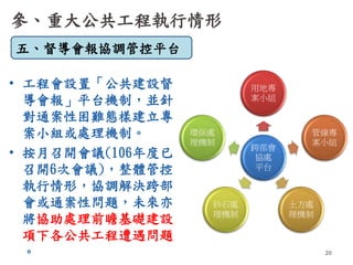參、重大公共工程執行情形
• 工程會設置「公共建設督
導會報」平台機制，並針
對通案性困難態樣建立專
案小組或處理機制。
• 按月召開會議(106年度已
召開6次會議)，整體管控
執行情形，協調解決跨部
會或通案性問題，未來亦
將協助處理前瞻基...