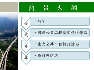 簡 報 大 綱
壹
•前言
貳
•國內公共工程制度精進作為
參
•重大公共工程執行情形
肆
•檢討與建議
2
 
