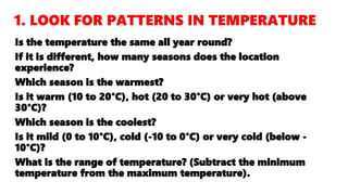 Is the temperature the same all year round?
If it is different, how many seasons does the location
experience?
Which season is the warmest?
Is it warm (10 to 20°C), hot (20 to 30°C) or very hot (above
30°C)?
Which season is the coolest?
Is it mild (0 to 10°C), cold (-10 to 0°C) or very cold (below -
10°C)?
What is the range of temperature? (Subtract the minimum
temperature from the maximum temperature).
 