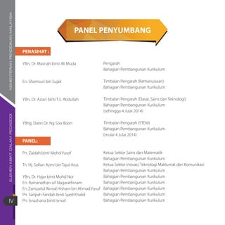 ELEMENKBATDALAMPEDAGOGIKEMENTERIANPENDIDIKANMALAYSIA
IV
Pengarah
Bahagian Pembangunan Kurikulum
Timbalan Pengarah (Kemanusiaan)
Bahagian Pembangunan Kurikulum
Timbalan Pengarah (Dasar, Sains dan Teknologi)
Bahagian Pembangunan Kurikulum
(sehingga 4 Julai 2014)
Timbalan Pengarah (STEM)
Bahagian Pembangunan Kurikulum
(mulai 4 Julai 2014)
Ketua Sektor Sains dan Matematik
Bahagian Pembangunan Kurikulum
Ketua Sektor Inovasi, Teknologi Maklumat dan Komunikasi
Bahagian Pembangunan Kurikulum
Bahagian Pembangunan Kurikulum
Bahagian Pembangunan Kurikulum
Bahagian Pembangunan Kurikulum
Bahagian Pembangunan Kurikulum
Bahagian Pembangunan Kurikulum
PANEL PENYUMBANG
PENASIHAT :
YBrs. Dr. Masnah binti Ali Muda
En. Shamsuri bin Sujak
YBrs. Dr. Azian binti T.S. Abdullah
YBhg. Datin Dr. Ng Soo Boon
PANEL:
Pn. Zaidah binti Mohd Yusof
Tn. Hj. Sofian Azmi bin Tajul Arus
YBrs. Dr. Hajar binti Mohd Nor
En. Ramanathan a/l Nagarathinam
En. Zamzaitul Akmal Hisham bin AhmadYusuf
Pn. Saripah Faridah binti Syed Khalid
Pn. Isnazhana binti Ismail
 