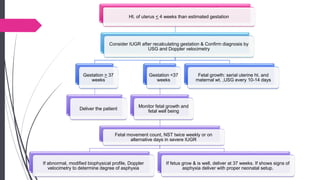 Ht. of uterus < 4 weeks than estimated gestation
Consider IUGR after recalculating gestation & Confirm diagnosis by
USG and Doppler velocimetry
Gestation > 37
weeks
Deliver the patient
Gestation <37
weeks
Monitor fetal growth and
fetal well being
Fetal movement count, NST twice weekly or on
alternative days in severe IUGR
If abnormal, modified biophysical profile, Doppler
velocimetry to determine degree of asphyxia
If fetus grow & is well, deliver at 37 weeks. If shows signs of
asphyxia deliver with proper neonatal setup.
Fetal growth: serial uterine ht. and
maternal wt. ,USG every 10-14 days
 