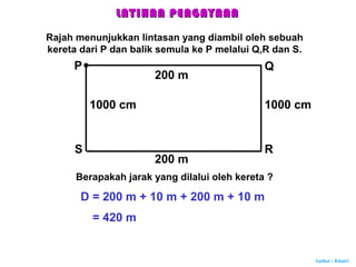 Author : Khairi
Rajah menunjukkan lintasan yang diambil oleh sebuah
kereta dari P dan balik semula ke P melalui Q,R dan S.
P Q
RS
200 m
1000 cm
200 m
1000 cm
Berapakah jarak yang dilalui oleh kereta ?
D = 200 m + 10 m + 200 m + 10 m
= 420 m
LATIHAN PENGAYAANLATIHAN PENGAYAAN
 