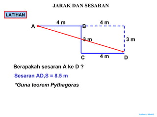 Author : Khairi
A B
C D
4 m
3 m
4 m
Berapakah sesaran A ke D ?
Sesaran AD,S = 8.5 m
4 m
3 m
*Guna teorem Pythagoras
JARAK DAN SESARAN
LATIHAN
 