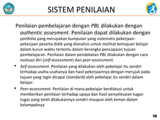 SISTEM PENILAIAN
Penilaian pembelajaran dengan PBL dilakukan dengan
authentic assesment. Penilaian dapat dilakukan dengan
portfolio yang merupakan kumpulan yang sistematis pekerjaan-
pekerjaan peserta didik yang dianalisis untuk melihat kemajuan belajar
dalam kurun waktu tertentu dalam kerangka pencapaian tujuan
pembelajaran. Penilaian dalam pendekatan PBL dilakukan dengan cara
evaluasi diri (self-assessment) dan peer-assessment.
 Self-assessment. Penilaian yang dilakukan oleh pebelajar itu sendiri
terhadap usaha-usahanya dan hasil pekerjaannya dengan merujuk pada
tujuan yang ingin dicapai (standard) oleh pebelajar itu sendiri dalam
belajar.
 Peer-assessment. Penilaian di mana pebelajar berdiskusi untuk
memberikan penilaian terhadap upaya dan hasil penyelesaian tugas-
tugas yang telah dilakukannya sendiri maupun oleh teman dalam
kelompoknya
1414
 