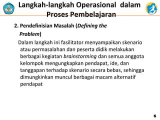 Langkah-langkah Operasional dalam
Proses Pembelajaran
2. Pendefinisian Masalah (Defining the
Problem)
Dalam langkah ini fasilitator menyampaikan skenario
atau permasalahan dan peserta didik melakukan
berbagai kegiatan brainstorming dan semua anggota
kelompok mengungkapkan pendapat, ide, dan
tanggapan terhadap skenario secara bebas, sehingga
dimungkinkan muncul berbagai macam alternatif
pendapat
66
 