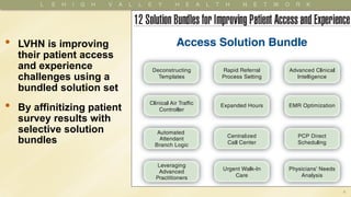 4
• LVHN is improving
their patient access
and experience
challenges using a
bundled solution set
• By affinitizing patient
survey results with
selective solution
bundles
 