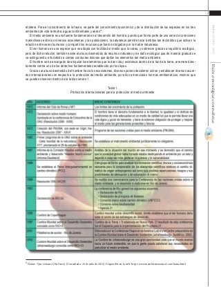 13
ABRIL-JUNIO2015Visióncriminológica-criminalística
etcétera. Para el conocimiento de la fauna, se parte del conocimiento taxonómico y de la distribución de las especies en los tres
ambientes de vida terrestre, aguas continentales y aéreo”9
.
El medio ambiente es una fuente fundamental en el desarrollo del hombre, puesto que forma parte de una serie de conexiones
maravillosas entre los diversos ecosistemas y las poblaciones, la naturaleza permite tocar ámbitos tan recónditos que activan la
relación entre seres humanos y compartir los recursos que fueron otorgados por la madre naturaleza.
El ser humano es una especie que se adapta con facilidad al medio que lo rodea, y sobrevive gracias al equilibrio ecológico,
pero de dicha relación, también existe el abuso desmedido de recursos naturales y de daño ecológico que de manera gradual se
va extinguiendo, ello debido a ciertas conductas dolosas que dañan los elementos del medio ambiente.
El hombre se ha encargado de aniquilar los elementos que le dan vida y existencia dentro de la faz de la tierra, arremete direc-
tamente contra uno de los derechos fundamentales establecido por las leyes.
Gracias al abuso desmedido del hombre hacia los ecosistemas, diversos países decidieron unirse y establecer diversos acuer-
dos internacionales con respecto a la protección del medio ambiente, por ello se mencionan los más emblemáticos, mismos que
se pueden observar dentro de la tabla número 1.
Tabla 1
Protocolos internacionales para la protección al medio ambiente
9
Nature. ‘Que es fauna’. [En línea]. [Consultado: 26 de julio de 2012]. Disponible en la web: http://www.tuambientenatural.com/fauna.html	
 