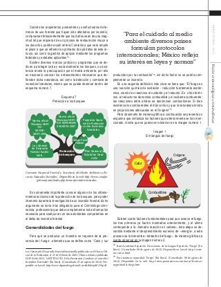 17
ABRIL-JUNIO2015Visióncriminológica-criminalística
Cuando los propietarios, poseedores y usufructuarios de te-
rrenos de uso forestal que hayan sido afectados por incendio,
comprueben fehacientemente que los daños sean de una mag-
nitud tal que requieran de un proceso de restauración mayor a
los dos años, podrán acudir ante la Comisión a que se le amplié
el plazo a que se refieren los primeros dos párrafos de este ar-
tículo, así como la gestión de apoyos mediante los programas
federales y estatales aplicables”17
.
Existen diversos marcos jurídicos y programas que se de-
dican a proteger única y exclusivamente los bosques, su exis-
tencia revela la preocupación por el medio ambiente, por ello
es necesario conocer los ordenamientos mexicanos que de-
fienden dicha naturaleza, así como la detección y combate de
incendios forestales, mismo que se puede observar dentro del
esquema número 7.
Esquema 7
Protección a los bosques
Es sumamente importante conocer algunos de los ordena-
mientos exclusivos de la protección de los bosques, para poder
intervenir durante la investigación de un incendio forestal, dicho
argumento se torna más obligatorio para el Criminólogo-crimi-
nalista, profesionista que debe complementar toda información
necesaria para coadyuvar con las autoridades competentes en
el delito de incendio forestal.
Generalidades del fuego
Para que se produzca un incendio se requiere de la pre-
sencia del –fuego-, elemento que se define como “Calor y luz
Ley General de Desarrollo Forestal Sustentable, publicado en el Diario Ofi-
cial de la Federación el 25 de Febrero de 2003, Última reforma publicada
DOF 04-06-2012, ‘CAPITULO III. De la Prevención, Combate y Control de
Incendios Forestales’. [En línea]. [Consultado: 07 de agosto de 2012]. Dis-
ponible en la web: http://www.diputados.gob.mx/LeyesBiblio/pdf/259.pdf
Norma oficial
Mexicana NOM-
152-
SEMAR-
NART-2006.
Norma oficial
Mexicana NOM -
015-SEMARNAP/
SAGARPA-2007.
Programa Nacio-
nal de Protección
contra Incendios
Forestales.
Plan Nacional y
Estatal de Desa-
rrollo
Código Penal
Federal.
Ley General
de Desarrollo
Forestal Susten-
table.
Protección
de bosques
Comisión Nacional Forestal y Secretaría del Medio Ambiente y Re-
cursos Naturales.‘Incendios’. Disponible en la web: http://www.conafor.
gob.mx/portal/index.php/temas-forestales/incendios.
producidos por la combustión”18
, sin dicho factor no se podría com-
plementar un incendio.
En una segunda definición más clara se tiene que: “El fuego es
una reacción química de oxidación - reducción fuertemente exotér-
mica, siendo los reactivos el oxidante y el reductor. En otros térmi-
nos, el reductor se denomina combustible y el oxidante comburente;
las reacciones entre ambos se denominan combustiones. Si bien
existen varios comburentes el más común y que la naturaleza brinda
en proporciones adecuadas es el Oxígeno”19
.
Para observarlo de manera gráfica a continuación se presenta un
esquema que simboliza los factores que anteriormente se han men-
cionado, mismo que se puede ver observar en la imagen número 1.
Imagen 1
El triángulo del fuego
Existen cuatro factores fundamentales para que avance el fuego,
los tres primeros ya fueron mostrados anteriormente, y el último
corresponde a la –llamada reacción en cadena-, ésta etapa se de-
sarrolla mediante el desprendimiento excesivo de –energía-, a este
proceso se le denomina –tetraedro del fuego-, de manera gráfica se
puede observar en la imagen número 2.
18
Real Academia Española. Diccionario de la Lengua Española. ‘Fuego’. [En
línea]. [Consultado: 08 de agosto de 2012]. Disponible en la web: http://www.
rae.es/rae.html
19
Para náuticos seguridad. ‘Fuego’. [En línea]. [Consultado: 08 de agosto de
2012]. Disponible en la web: http://www.paranauticos.com/notas/Tecnicas/
seguridad/el-fuego.htm
“Para el cuidado al medio
ambiente diversos países
formulan protocolos
internacionales; México refleja
su interés en leyes y normas”
Calor
Oxígeno
Combustibles
 