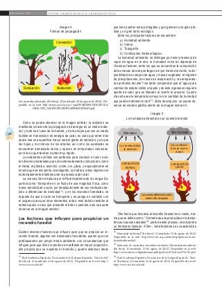 20
A b r i l - J u n i o 2 0 1 5 V I S I Ó N C R I M I N O L Ó G I C A - C R I M I N A L Í S T I C A
que bien pueden estar protegidas y que generen una gran pér-
dida y un gran daño ecológico.
Entre los principales factores se encuentran:
a)	 Humedad ambiente.
b)	 Viento.
c)	 Topografía
d)	 Condiciones meteorológicas.
La humedad ambiental, se distingue por tener presencia de
vapor de agua en el aire, la humedad como tal depende de
“diversos factores, entre los que se encuentran la composición
de las masas de aire que llegan a él por medio del viento, la dis-
ponibilidad de cuerpos de agua y masas vegetales, el régimen
de precipitaciones, las tasas de evaporación y las temperatu-
ras promedio del aire”32
,se debe comprender que el “agua para
cambiar de estado sólido a líquido y de éste a gaseoso requiere
aporte de calor que es liberado al invertir el proceso. Cuanta
más alta sea la temperatura mayor es la cantidad de humedad
que puede mantener el aire”33
, dicha descripción, se puede ob-
servar de manera gráfica dentro de la imagen número 5.
Imagen 5
La humedad ambiental en un incendio forestal
Otro factor que favorece el incendio forestal es el viento, mis-
mo que se define como: “Corriente de aire producida en la atmós-
fera por causas naturales”34
, parte de este proceso, se encuentra
un fenómeno llamado –Föhn-, “este fenómeno es característico
32
‘Humedad ambiental’. [En línea]. [Consultado: 23 de agosto de 2012].
Disponible en la web: http://www.sol-arq.com/index.php/factores-am-
bientales/humedad
33
Extinción de incendios, incendios forestales, ‘Humedad atmosférica’.
[En línea]. [Consultado: 23 de agosto de 2012]. Disponible en la web:
http://www.crid.or.cr/digitalizacion/pdf/spa/doc14756/doc14756-7b1.pdf
34
Real Academia Española. Diccionario de la Lengua Española. ‘Vien-
to’. [En línea]. [Consultado: 23 de agosto de 2012]. Disponible en la web:
http://www.rae.es/rae.html
Imagen 4
Formas de propagación
Como se puede observar en la imagen anterior, la radiación se
manifiesta a través de la propagación de energía en un medio mate-
rial, y este es el caso de la madera, y de las hojas que son un medio
factible en transmisión de energía de calor, es claro que entre más
opaca sea una superficie mayor será el grado de radiación, y es que
las hojas y los troncos de los árboles, así como los pastizales se
encuentran demasiado secos y opacos en temporadas calurosas,
por ello es que tienden a arder muy rápido.
Los elementos sólidos son perfectos para conducir el calor, exis-
ten diversos materiales que son extremadamente conductores, como
el metal, el plástico, aluminio, cobre, oro, plata, y especialmente en
el tema que se encuentra investigando, la madera, estos objetos son
extremadamente infalibles ante la presencia del calor.
La convección se traduce por la Real Academia de la Lengua Es-
pañola como “transporte en un fluido de una magnitud física, como
masa, electricidad o calor, por desplazamiento de sus moléculas de-
bido a diferencias de densidad”31
, y en los incendios forestales, se
requiere de que el calor se transporte y se ponga en contacto con
el oxígeno para que otros elementos ardan, esto debido también al
estado opaco o seco que presente el árbol o pastizal, esto se puede
observar en la imagen anterior.
Los factores que influyen para propiciar un
incendio forestal
Existen diversos factores que influyen para que se propicie un in-
cendio forestal, algunas son demasiado favorables, puesto que son
predispuestas por propio medio ambiente, son circunstancias que
influyen para que dicho incendio se manifieste en mayor proporción,
ello propicia que se expanda el incendio y queme extensas áreas
31
Real Academia Española. Diccionario de la Lengua Española. ‘Convección’.
[En línea]. [Consultado: 23 de agosto de 2012]. Disponible en la web: http://
www.rae.es/rae.html
Convección
RadiacciónConducción
Los incendios forestales, [En línea]. [Consultado: 23 de agosto de 2012]. Dis-
ponible en la web: http://www.escet.urjc.es/~pad/WEB2005/DOCENCIA/
FAGS/15B_%20INCENDIOS%20FORESTALES.pdf
Loscombustibleshúmedos
arden más despacio
Aire seco
Combustión
rápida
Los combustibles
se desecan
Aire humedo
Los combusti-
bles se hume-
decen
Combustión
lenta
 