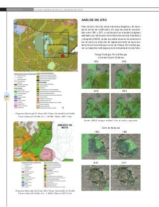 42
A b r i l - J u n i o 2 0 1 5 V I S I Ó N C R I M I N O L Ó G I C A - C R I M I N A L Í S T I C A
Análisis del sitio
Para conocer cómo las zonas naturales protegidas y de impor-
tancia se han ido modificando a lo largo del periodo compren-
dido entre 1981 y 2011, a continuación se muestran imágenes
satelitales con información del Instituto Nacional de Estadística
y Geografía (INEGI), donde es posible observar los cambios de
uso de suelo y la reducción de vegetación dentro de las zonas,
tanto del cerro de Amalucan como del Parque Flor del Bosque,
con su respectiva simbología para la interpretación de las fotos.
Programa Municipal de Desarrollo Urbano Sustentable de Puebla.
Carta urbana de Puebla. Esc.: 1:45000. Marzo, 2007. Color.
Programa Municipal de Desarrollo Urbano Sustentable de Puebla.
Carta urbana de Puebla. Esc.: 1:45000. Marzo, 2007. Color.
Fuente: INEGI. Imagen satelital. Usos de suelo y vegetación.
1981
2004 2008
1993
Parque Ecológico Flor del Bosque
o General Lázaro Cárdenas
1985
2002 2011
1993
Cerro de Amalucan
 
