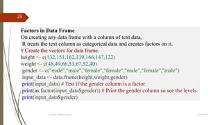 19-08-2017KK Singh, RGUKT Nuzvid
25
Factors in Data Frame
On creating any data frame with a column of text data,
R treats the text column as categorical data and creates factors on it.
# Create the vectors for data frame.
height <- c(132,151,162,139,166,147,122)
weight <- c(48,49,66,53,67,52,40)
gender <- c("male","male","female","female","male","female","male")
input_data <- data.frame(height,weight,gender)
print(input_data) # Test if the gender column is a factor.
print(as.factor(input_data$gender)) # Print the gender column so see the levels.
print(input_data$gender)
 