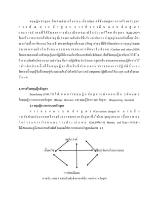 ทฤษฎีหลักสู ตรเป็ น คาอธิบายสิ่ งต่างๆ เกี่ยวกับการใช้หลักสู ตร การสร้างห ลักสูตร
ก า ร พั ฒ น า ห ลั ก สู ต ร ก า ร ป ร ะ เ มิ น ผ ล ห ลั ก สู ต ร
แ ล ะ ก ารน าผ ล ที่ ไ ด้รั บ จ าก ก าร ป ร ะ เมิน ผ ล มาป รับ ป รุ ง แ ก้ไข ห ลัก สู ต ร (Kelly.2009)
โดยเน้นการบรรยายถึงสิ่งต่างๆ ที่แสดงความสัมพันธ์ซึ่งกันและกันระหว่างจุดมุ่งหมายกับเนื้อหาวิชา
ระหว่างเนื้อหาวิชาและโครงสร้างของหลักสูตรทั้งหมด ปรัชญาต่างๆ ที่มีอิทธิพลต่อการวางจุดมุ่งหมาย
สภ าพ ความจริ ง ใ น สั ง ค ม แล ะ บ ท บ าท ขอ ง การศึ กษ าใ น สั ง ค ม (Gardner and others.2000)
โดยสภาพความจริงแล้วทฤษฎีและปฏิบัติมีความเกี่ยวข้องและสัมพันธ์กันอย่างใกล้ชิดทฤษฎีจะอธิบายให้เข้าใจ
ถึงความสัมพันธ์ของเหตุการณ์ต่างๆ ซึ่งการปฏิบัติจะดาเนินการอยู่ภายในขอบเขตของทฤษฎีที่กล่าวไว้
ก ล่าวอี ก นั ย ห นึ่ ง ก็คื อ ท ฤ ษ ฎี จะ เป็ น สิ่ ง ที่ ก าห น ด แ น ว ท าง ข อ ง ก าร ป ฏิ บั ติ นั้ น เอ ง
โดยเหตุนี้ทฤษฎีจึงเป็นของคู่กันและจะต้องไปด้วยกันในการสนับสนุนการปฏิบัติงานให้บรรลุความสาเร็จตามเ
ป้าหมาย
2. การสร้างทฤษฎีหลักสูตร
Beauchamp (1981:77) ไ ด้ เส น อ ว่า ท ฤ ษ ฎี ห ลั ก สู ต ร แ บ่ ง อ อ ก เ ป็ น 2 ลั ก ษ ณ ะ
คือทฤษฎีการออกแบบหลักสูตร (Design theories) และทฤษฎีวิศวกรรมหลักสูตร (Engineering theories)
2.1 ทฤษฎีการออกแบบหลักสูตร
ก า ร อ อ ก แ บ บ ห ลั ก สู ต ร (Curriculum design) ห ม า ย ถึ ง
การจัดส่วน ประกอบหรื อองค์ประ กอบของห ลักสู ตรซึ่ งได้แก่ จุดมุ่งหมาย เนื้ อหา สาระ
กิ จ ก ร ร ม ก า ร เ รี ย น แ ล ะ ก า ร ป ร ะ เ มิ น ผ ล (Zais.1976:16) Herrick and Tyler (1950:41)
ได้เสนอแผนภูมิแสดงความสัมพันธ์ขององค์ประกอบของหลักสูตรดังภาพ 4.1
จุดประสงค์
เนื้อหาวิชา วิธีการจัดการเรียนการสอน
การประเมินผล
ภาพประกอบ 1ความสัมพันธ์ขององค์ประกอบของหลักสูตร
 