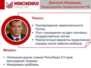 Дмитрий Медведев,
Председатель Правительства РФ
Плюсы:
 Подтверждение сверхлояльности
Путину
 Опыт нахождения на двух ключевых
государственных постах
 Реалистичные варианты продолжения
карьеры после майских выборов
Минусы:
 Оппозиция других членов Политбюро 2.0 идее
воссоздания тандема
 Имиджевые проблемы
 
