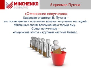 5 приемов Путина
«Оттеснение попутчиков»
Кадровая стратегия В. Путина –
это постепенная и поэтапная замена попутчиков на людей,
обязанных своим возвышением только ему.
Среди попутчиков –
ельцинские элиты и крупный частный бизнес.
 