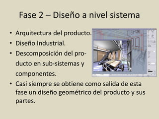 Fase 2 – Diseño a nivel sistema
• Arquitectura del producto.
• Diseño Industrial.
• Descomposición del pro-
ducto en sub-sistemas y
componentes.
• Casi siempre se obtiene como salida de esta
fase un diseño geométrico del producto y sus
partes.
 