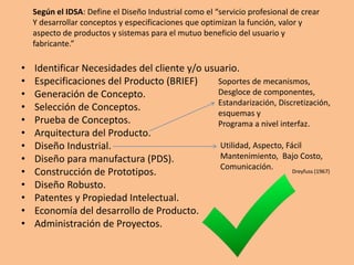• Identificar Necesidades del cliente y/o usuario.
• Especificaciones del Producto (BRIEF)
• Generación de Concepto.
• Selección de Conceptos.
• Prueba de Conceptos.
• Arquitectura del Producto.
• Diseño Industrial.
• Diseño para manufactura (PDS).
• Construcción de Prototipos.
• Diseño Robusto.
• Patentes y Propiedad Intelectual.
• Economía del desarrollo de Producto.
• Administración de Proyectos.
Soportes de mecanismos,
Desgloce de componentes,
Estandarización, Discretización,
esquemas y
Programa a nivel interfaz.
Utilidad, Aspecto, Fácil
Mantenimiento, Bajo Costo,
Comunicación. Dreyfuss (1967)
Según el IDSA: Define el Diseño Industrial como el “servicio profesional de crear
Y desarrollar conceptos y especificaciones que optimizan la función, valor y
aspecto de productos y sistemas para el mutuo beneficio del usuario y
fabricante.”
 