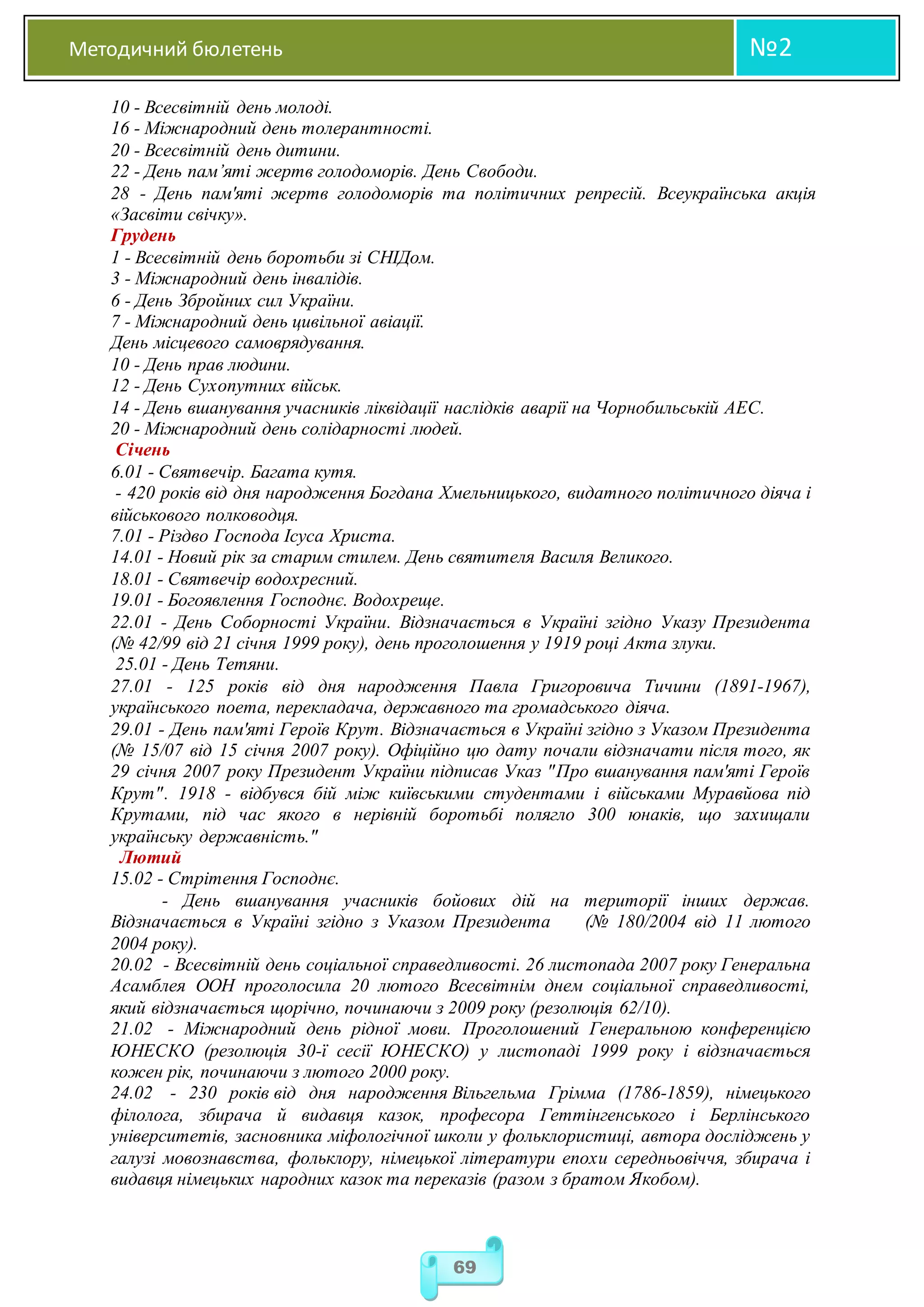 Методичний бюлетень №2
69
10 - Всесвітній день молоді.
16 - Міжнародний день толерантності.
20 - Всесвітній день дитини.
22 - День пам’яті жертв голодоморів. День Свободи.
28 - День пам'яті жертв голодоморів та політичних репресій. Всеукраїнська акція
«Засвіти свічку».
Грудень
1 - Всесвітній день боротьби зі СНІДом.
3 - Міжнародний день інвалідів.
6 - День Збройних сил України.
7 - Міжнародний день цивільної авіації.
День місцевого самоврядування.
10 - День прав людини.
12 - День Сухопутних військ.
14 - День вшанування учасників ліквідації наслідків аварії на Чорнобильській АЕС.
20 - Міжнародний день солідарності людей.
Січень
6.01 - Святвечір. Багата кутя.
- 420 років від дня народження Богдана Хмельницького, видатного політичного діяча і
військового полководця.
7.01 - Різдво Господа Ісуса Христа.
14.01 - Новий рік за старим стилем. День святителя Василя Великого.
18.01 - Святвечір водохресний.
19.01 - Богоявлення Господнє. Водохреще.
22.01 - День Соборностi України. Вiдзначається в Українi згiдно Указу Президента
(№ 42/99 вiд 21 сiчня 1999 року), день проголошення у 1919 роцi Акта злуки.
25.01 - День Тетяни.
27.01 - 125 рокiв вiд дня народження Павла Григоровича Тичини (1891-1967),
українського поета, перекладача, державного та громадського діяча.
29.01 - День пам'ятi Героїв Крут. Вiдзначається в Українi згiдно з Указом Президента
(№ 15/07 вiд 15 сiчня 2007 року). Офiцiйно цю дату почали вiдзначати пiсля того, як
29 сiчня 2007 року Президент України пiдписав Указ "Про вшанування пам'ятi Героїв
Крут". 1918 - відбувся бій між київськими студентами і військами Муравйова під
Крутами, під час якого в нерівній боротьбі полягло 300 юнаків, що захищали
українську державність."
Лютий
15.02 - Стрітення Господнє.
- День вшанування учасникiв бойових дiй на територiї iнших держав.
Вiдзначається в Українi згiдно з Указом Президента (№ 180/2004 вiд 11 лютого
2004 року).
20.02 - Всесвiтнiй день соцiальної справедливостi. 26 листопада 2007 року Генеральна
Асамблея ООН проголосила 20 лютого Всесвiтнiм днем соцiальної справедливостi,
який вiдзначається щорiчно, починаючи з 2009 року (резолюцiя 62/10).
21.02 - Мiжнародний день рiдної мови. Проголошений Генеральною конференцiєю
ЮНЕСКО (резолюцiя 30-ї сесiї ЮНЕСКО) у листопадi 1999 року i вiдзначається
кожен рiк, починаючи з лютого 2000 року.
24.02 - 230 років від дня народження Вільгельма Грімма (1786-1859), німецького
філолога, збирача й видавця казок, професора Геттінгенського і Берлінського
університетів, засновника міфологічної школи у фольклористиці, автора досліджень у
галузі мовознавства, фольклору, німецької літератури епохи середньовіччя, збирача і
видавця німецьких народних казок та переказів (разом з братом Якобом).
 