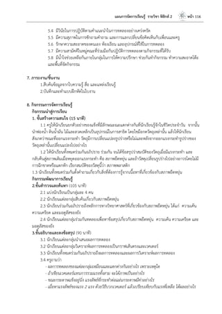 แผนการจัดการเรียนรู้ รายวิชา ฟิสิกส์ 2 หน้า 116
5.4 มีวินัยในการปฏิบัติตามคาแนะนาในการทดลองอย่างเคร่งครัด
5.5 มีความสุภาพในการซักถามคาถาม และการแลกเปลี่ยนข้อคิดเห็นกับเพื่อนและครู
5.6 รักษาความสะอาดของตนเอง ห้องเรียน และอุปกรณ์ที่ใช้ในการทดลอง
5.7 มีความสามัคคีในหมู่คณะที่ร่วมมือกันปฏิบัติการทดลองตามกิจกรรมที่ได้รับ
5.8 มีน้าใจช่วยเหลือกันภายในกลุ่มในการให้ความปรึกษา ช่วยกันทากิจกรรม ทาความสะอาดโต๊ะ
และพื้นที่จัดกิจกรรม
7. ภาระงาน/ชิ้นงาน
1.สืบค้นข้อมูลจากใบความรู้ สื่อ และแหล่งเรียนรู้
2.บันทึกและทาแบบฝึกหัดในใบงาน
8. กิจกรรมการจัดการเรียนรู้
กิจกรรมนาสู่การเรียน
1. ขั้นสร้างความสนใจ (15 นาที)
1.1 ครูให้นักเรียนยกตัวอย่างของแข็งที่มีลักษณะณะแตกต่างกันที่นักเรียนรู้จักในชีวิตประจาวัน จากนั้น
นาฟองน้า ดินน้ามัน ไม้และลวดเหล็กเป็นอุปกรณ์ในการสาธิต โดยใชมือกดวัตถุเหล่านั้น แล้วให้นักเรียน
สังเกตว่าขณะที่ออกแรงกระทา วัตถุมีการเปลี่ยนแปลงรูปร่างหรือไม่และหลังจากออกแรงกระทารูปร่างของ
วัตถุเหล่านั้นเปลี่ยนแปลงไปอย่างไร
1.2 ให้นักเรียนทั้งหมดร่วมกันอภิปราย ร่วมกัน จนได้ข้อสรุปว่าสมบัติของวัตถุเมื่อมีแรงกระทา และ
กลับคืนสู่สภาพเดิมเมื่อหยุดออกแรงกระทา คือ สภาพยืดหยุ่น และถ้าวัสดุเปลี่ยนรูปร่างไปอย่างถาวรโดยไม่มี
การฉีกขาดหรือแตกหัก เรียกสมบัติของวัสดุนี้ว่า สภาพพลาสติก
1.3 นักเรียนทั้งหมดร่วมกันตั้งคาถามเกี่ยวกับสิ่งที่ต้องการรู้จากเนื้อหาที่เกี่ยวข้องกับสภาพยืดหยุ่น
กิจกรรมพัฒนาการเรียนรู้
2.ขั้นสารวจและค้นหา (105 นาที)
2.1 แบ่งนักเรียนเป็นกลุ่มละ 4 คน
2.2 นักเรียนแต่ละกลุ่มสืบค้นเกี่ยวกับสภาพยืดหยุ่น
2.3 นักเรียนร่วมกันอภิปรายถึงหลักการทางวิทยาศาสตร์ที่เกี่ยวข้องกับสภาพยืดหยุ่น ได้แก่ ความเค้น
ความเครียด และมอดูลัสของยัง
2.4 นักเรียนแต่ละกลุ่มร่วมกันทดลองเพื่อหาข้อสรุปเกี่ยวกับสภาพยืดหยุ่น ความเค้น ความเครียด และ
มอดูลัสของยัง
3.ขั้นอธิบายและลงข้อสรุป (90 นาที)
3.1 นักเรียนแต่ละกลุ่มนาเสนอผลการทดลอง
3.2 นักเรียนแต่ละกลุ่มวิเคราะห์ผลการทดลองเป็นกราฟเส้นตรงและเวคเตอร์
3.3 นักเรียนทั้งหมดร่วมกันอภิปรายถึงผลการทดลองและผลการวิเคราะห์ผลการทดลอง
3.4 ครูถามว่า
- ผลการทดลองของแต่ละกลุ่มเหมือนและแตกต่างกันอย่างไร เพราะเหตุใด
- ถ้าเขียนเวคเตอร์แทนการรวมแรงทั้งสาม จะได้ภาพเป็นอย่างไร
- ขณะกระดาษแข็งอยู่นิ่ง แรงลัพธ์ที่กระทาต่อแผ่นกระดาษมีค่าอย่างไร
- เมื่อหาแรงลัพธ์ของแรง 2 แรง ด้วยวิธีบวกเวคเตอร์ แล้วเปรียบเทียบกับแรงที่เหลือ ได้ผลอย่างไร
 
