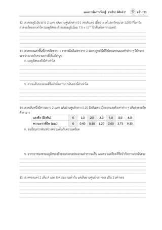 แผนการจัดการเรียนรู้ รายวิชา ฟิสิกส์ 2 หน้า 121
12. ลวดอะลูมิเนียวยาว 2 เมตร เส้นผ่านศูนย์กลาง 0.1 เซนติเมตร เมื่อนาลวดไปยกวัตถุมวล 1,000 กิโลกรัม
ลวดจะยืดออกเท่าใด (มอดูลัสของยังของอะลูมิเนียม 7.0 x 1010 นิวตันต่อตารางเมตร)
………………………………………………………………………………………………………..……………………………………………………………………………………………………………
………………………………………………………………………………………………………..……………………………………………………………………………………………………………
………………………………………………………………………………………………………..……………………………………………………………………………………………………………
………………………………………………………………………………………………………..……………………………………………………………………………………………………………
………………………………………………………………………………………………………..……………………………………………………………………………………………………………
13. ลวดทองแดงพื้นที่ภาคตัดขวาง 1 ตารางมิลลิเมตร ยาว 2 เมตร ถูกทาให้ยืดโดยแขวนมวลค่าต่าง ๆ ได้กราฟ
ระหว่างมวลกับความยาวที่เพิ่มดังรนูป
ก. มอดูลัสของยังมีค่าเท่าใด
………………………………………………………………………………………………………..……………………………………………………………………………………………………………
………………………………………………………………………………………………………..……………………………………………………………………………………………………………
………………………………………………………………………………………………………..……………………………………………………………………………………………………………
………………………………………………………………………………………………………..……………………………………………………………………………………………………………
………………………………………………………………………………………………………..……………………………………………………………………………………………………………
ข. ความเค้นของลวดที่ขีดจากัดการแปรผันตรงมีค่าเท่าใด
………………………………………………………………………………………………………..……………………………………………………………………………………………………………
………………………………………………………………………………………………………..……………………………………………………………………………………………………………
………………………………………………………………………………………………………..……………………………………………………………………………………………………………
………………………………………………………………………………………………………..……………………………………………………………………………………………………………
………………………………………………………………………………………………………..……………………………………………………………………………………………………………
14. ลวดเส้นหนึ่งมีความยาว 2 เมตร เส้นผ่านศูนย์กลาง 0.20 มิลลิเมตร เมื่อออกแรงด้วยค่าต่าง ๆ เส้นลวดจะยืด
ดังตาราง
แรงดึง (นิวตัน) 0 1.0 2.0 3.0 4.0 5.0 6.0
ความยาวที่ยืด (มม.) 0 0.40 0.80 1.20 2.00 3.75 9.35
ก. จงเขียนกราฟระหว่างความเค้นกับความเครียด
ข. จากกราฟจงหามอดูลัสของยังของลวดจงประมาณค่าความเค้น และความเครียดที่ขีดจากัดการแปรผันตรง
………………………………………………………………………………………………………..……………………………………………………………………………………………………………
………………………………………………………………………………………………………..……………………………………………………………………………………………………………
………………………………………………………………………………………………………..……………………………………………………………………………………………………………
………………………………………………………………………………………………………..……………………………………………………………………………………………………………
………………………………………………………………………………………………………..……………………………………………………………………………………………………………
15. ลวดทองแดง 2 เส้น A และ B ความยาวเท่ากัน แต่เส้นผ่านศูนย์กลางของ เป็น 2 เท่าของ
………………………………………………………………………………………………………..……………………………………………………………………………………………………………
………………………………………………………………………………………………………..……………………………………………………………………………………………………………
………………………………………………………………………………………………………..……………………………………………………………………………………………………………
………………………………………………………………………………………………………..……………………………………………………………………………………………………………
………………………………………………………………………………………………………..……………………………………………………………………………………………………………
 
