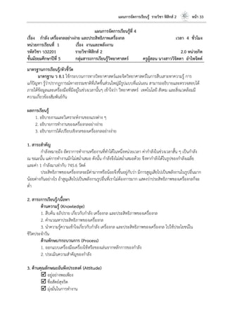 แผนการจัดการเรียนรู้ รายวิชา ฟิสิกส์ 2 หน้า 33
แผนการจัดการเรียนรู้ที่ 4
เรื่อง กาลัง เครื่องกลอย่างง่าย และประสิทธิภาพเครื่องกล เวลา 4 ชั่วโมง
หน่วยการเรียนที่ 1 เรื่อง งานและพลังงาน
รหัสวิชา ว32201 รายวิชาฟิสิกส์ 2 2.0 หน่วยกิต
ชั้นมัธยมศึกษาปีที่ 5 กลุ่มสาระการเรียนรู้วิทยาศาสตร์ ครูผู้สอน นางสาววิจิตตา อาไพจิตต์
มาตรฐานการเรียนรู้/ตัวชี้วัด
มาตรฐาน ว 8.1 ใช้กระบวนการทางวิทยาศาสตร์และจิตวิทยาศาสตร์ในการสืบเสาะหาความรู้ การ
แก้ปัญหา รู้ว่าปรากฏการณ์ทางธรรมชาติที่เกิดขึ้นส่วนใหญ่มีรูปแบบที่แน่นอน สามารถอธิบายและตรวจสอบได้
ภายใต้ข้อมูลและเครื่องมือที่มีอยู่ในช่วงเวลานั้นๆ เข้าใจว่า วิทยาศาสตร์ เทคโนโลยี สังคม และสิ่งแวดล้อมมี
ความเกี่ยวข้องสัมพันธ์กัน
ผลการเรียนรู้
1. อธิบายงานและวิเคราะห์งานของแรงต่าง ๆ
2. อธิบายการทางานของเครื่องกลอย่างง่าย
3. อธิบายการได้เปรียบเชิงกลของเครื่องกลอย่างง่าย
1. สาระสาคัญ
กาลังหมายถึง อัตราการทางานหรืองานที่ทาได้ในหนึ่งหน่วยเวลา ค่ากาลังในช่วงเวลาสั้น ๆ เป็นกาลัง
ณ ขณะนั้น แต่การทางานมักไม่สม่าเสมอ ดังนั้น กาลังจึงไม่สม่าเสมอด้วย จึงหากาลังได้ในรูปของกาลังเฉลี่ย
และค่า 1 กาลังมาเท่ากับ 745.6 วัตต์
ประสิทธิภาพของเครื่องกลจะมีค่ามากหรือน้อยจึงขึ้นอยู่กับว่า มีการสูญเสียไปเป็นพลังงานในรูปอื่นมาก
น้อยต่างกันอย่างไร ถ้าสูญเสียไปเป็นพลังงานรูปอื่นที่เราไม่ต้องการมาก แสดงว่าประสิทธิภาพของเครื่องกลก็จะ
ต่า
2. สาระการเรียนรู้/เนื้อหา
ด้านความรู้ (Knowledge)
1. สืบค้น อภิปราย เกี่ยวกับกาลัง เครื่องกล และประสิทธิภาพของเครื่องกล
2. คานวณหาประสิทธิภาพของเครื่องกล
3. นาความรู้ความเข้าใจเกี่ยวกับกาลัง เครื่องกล และประสิทธิภาพของเครื่องกล ไปใช้ประโยชน์ใน
ชีวิตประจาวัน
ด้านทักษะ/กระบวนการ (Process)
1. ออกแบบเครื่องมือเครื่องใช้หรือของเล่นจากหลักการของกาลัง
2. ประเมินความสาคัญของกาลัง
3. ด้านคุณลักษณะอันพึงประสงค์ (Attitude)
 อยู่อย่างพอเพียง
 ซื่อสัตย์สุจริต
 มุ่งมั่นในการทางาน
 