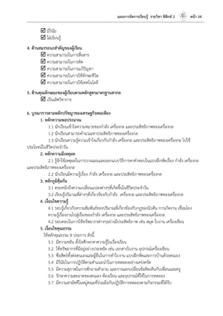 แผนการจัดการเรียนรู้ รายวิชา ฟิสิกส์ 2 หน้า 34
 มีวินัย
 ใฝ่เรียนรู้
4. ด้านสมรรถนะสาคัญของผู้เรียน
 ความสามารถในการสื่อสาร
 ความสามารถในการคิด
 ความสามารถในการแก้ปัญหา
 ความสามารถในการใช้ทักษะชีวิต
 ความสามารถในการใช้เทคโนโลยี
5. ด้านคุณลักษณะของผู้เรียนตามหลักสูตรมาตรฐานสากล
 เป็นเลิศวิชาการ
6. บูรณาการตามหลักปรัชญาของเศรษฐกิจพอเพียง
1. หลักความพอประมาณ
1.1 นักเรียนเข้าใจความหมายของกาลัง เครื่องกล และประสิทธิภาพของเครื่องกล
1.2 นักเรียนสามารถคานวณหาประสิทธิภาพของเครื่องกล
1.3 นักเรียนความรู้ความเข้าใจเกี่ยวกับกาลัง เครื่องกล และประสิทธิภาพของเครื่องกล ไปใช้
ประโยชน์ในชีวิตประจาวัน
2. หลักความมีเหตุผล
2.1 รู้จักใช้เหตุผลในการวางแผนและออกแบบวิธีการหาคาตอบในแบบฝึกหัดเรื่อง กาลัง เครื่องกล
และประสิทธิภาพของเครื่องกล
2.2 นักเรียนมีความรู้เรื่อง กาลัง เครื่องกล และประสิทธิภาพของเครื่องกล
3. หลักภูมิคุ้มกัน
3.1 ตระหนักถึงความเปลี่ยนแปลงต่างๆที่เกิดขึ้นในชีวิตประจาวัน
3.2 เรียนรู้ปริมาณที่ต่างๆที่เกี่ยวข้องกับกาลัง เครื่องกล และประสิทธิภาพของเครื่องกล
4. เงื่อนไขความรู้
4.1 รอบรู้เกี่ยวกับความสัมพันธ์ของปริมาณที่เกี่ยวข้องกับกฎของนิวตัน การเกิดงาน เชื่อมโยง
ความรู้เรื่องงานไปสู่เรื่องของกาลัง เครื่องกล และประสิทธิภาพของเครื่องกล
4.2 รอบคอบในการใช้ทรัพยากรต่างๆอย่างมีประสิทธิภาพ เช่น สมุด ใบงาน เครื่องเขียน
5. เงื่อนไขคุณธรรม
ใช้หลักคุณธรรม 8 ประการ ดังนี้
5.1 มีความขยัน ตั้งใจศึกษาหาความรู้ในเรื่องเรียน
5.2 ใช้ทรัพยากรที่มีอยู่อย่างประหยัด เช่น เอกสารใบงาน อุปกรณ์เครื่องเขียน
5.3 ซื่อสัตย์ทั้งต่อตนเองและผู้อื่นในการทาใบงาน แบบฝึกหัดและการบ้านด้วยตนเอง
5.4 มีวินัยในการปฏิบัติตามคาแนะนาในการทดลองอย่างเคร่งครัด
5.5 มีความสุภาพในการซักถามคาถาม และการแลกเปลี่ยนข้อคิดเห็นกับเพื่อนและครู
5.6 รักษาความสะอาดของตนเอง ห้องเรียน และอุปกรณ์ที่ใช้ในการทดลอง
5.7 มีความสามัคคีในหมู่คณะที่ร่วมมือกันปฏิบัติการทดลองตามกิจกรรมที่ได้รับ
 