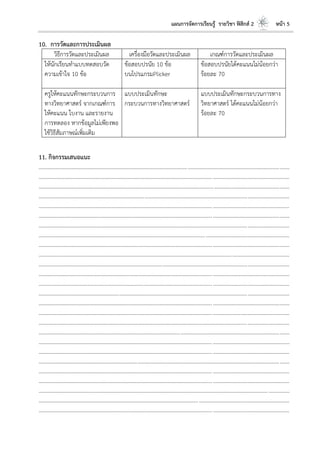 แผนการจัดการเรียนรู้ รายวิชา ฟิสิกส์ 2 หน้า 5
10. การวัดและการประเมินผล
วิธีการวัดและประเมินผล เครื่องมือวัดและประเมินผล เกณฑ์การวัดและประเมินผล
ให้นักเรียนทาแบบทดสอบวัด
ความเข้าใจ 10 ข้อ
ข้อสอบปรนัย 10 ข้อ
บนโปรแกรมPlicker
ข้อสอบปรนัยได้คะแนนไม่น้อยกว่า
ร้อยละ 70
ครูให้คะแนนทักษะกระบวนการ
ทางวิทยาศาสตร์ จากเกณฑ์การ
ให้คะแนน ใบงาน และรายงาน
การทดลอง หากข้อมูลไม่เพียงพอ
ใช้วิธีสัมภาษณ์เพิ่มเติม
แบบประเมินทักษะ
กระบวนการทางวิทยาศาสตร์
แบบประเมินทักษะกระบวนการทาง
วิทยาศาสตร์ ได้คะแนนไม่น้อยกว่า
ร้อยละ 70
11. กิจกรรมเสนอแนะ
....................................................................................................................................................................................
....................................................................................................................................................................................
....................................................................................................................................................................................
....................................................................................................................................................................................
....................................................................................................................................................................................
....................................................................................................................................................................................
....................................................................................................................................................................................
....................................................................................................................................................................................
....................................................................................................................................................................................
....................................................................................................................................................................................
....................................................................................................................................................................................
....................................................................................................................................................................................
....................................................................................................................................................................................
....................................................................................................................................................................................
....................................................................................................................................................................................
....................................................................................................................................................................................
....................................................................................................................................................................................
....................................................................................................................................................................................
....................................................................................................................................................................................
....................................................................................................................................................................................
....................................................................................................................................................................................
....................................................................................................................................................................................
....................................................................................................................................................................................
....................................................................................................................................................................................
....................................................................................................................................................................................
....................................................................................................................................................................................
 