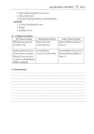 แผนการจัดการเรียนรู้ รายวิชา ฟิสิกส์ 2 หน้า 50
4. ไฟล์นาเสนอเรื่อง โมเมนตัม MS Powerpoint
5. เครื่องฉายโปรเจคเตอร์
6. ไข่ไก่ ฟองน้า หรือวัตถุสาหรับสถานการณ์นาเข้าสู่บทเรียน
แหล่งเรียนรู้
1. Clip VDO เกี่ยวกับโมเมนตัม การดล
2. ห้องสมุด
3. ฐานข้อมูล Internet
10. การวัดและการประเมินผล
วิธีการวัดและประเมินผล เครื่องมือวัดและประเมินผล เกณฑ์การวัดและประเมินผล
ให้นักเรียนทาแบบทดสอบวัด
ความเข้าใจ 10 ข้อ
ข้อสอบปรนัย 10 ข้อ
บนโปรแกรมPlicker
ข้อสอบปรนัยได้คะแนนไม่น้อยกว่า
ร้อยละ 70
ครูให้คะแนนทักษะกระบวนการ
ทางวิทยาศาสตร์ จากเกณฑ์การ
ให้คะแนน ใบงาน และรายงาน
การทดลอง หากข้อมูลไม่เพียงพอ
ใช้วิธีสัมภาษณ์เพิ่มเติม
แบบประเมินทักษะ
กระบวนการทางวิทยาศาสตร์
แบบประเมินทักษะกระบวนการทาง
วิทยาศาสตร์ ได้คะแนนไม่น้อยกว่า
ร้อยละ 70
11. กิจกรรมเสนอแนะ
....................................................................................................................................................................................
....................................................................................................................................................................................
....................................................................................................................................................................................
....................................................................................................................................................................................
....................................................................................................................................................................................
....................................................................................................................................................................................
....................................................................................................................................................................................
....................................................................................................................................................................................
....................................................................................................................................................................................
....................................................................................................................................................................................
....................................................................................................................................................................................
 