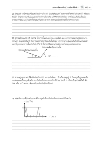 แผนการจัดการเรียนรู้ รายวิชา ฟิสิกส์ 2 หน้า 64
23. วัตถุมวล 4 กิโลกรัม เคลื่อนที่ด้วยอัตราเร็วคงตัว 5 เมตรต่อวินาที ในแนวระดับไปชนกาแพงแนวดิ่ง หลังจาก
ชนแล้ว วัตถุกระดอนกลับในแนวเดิมด้วยอัตราเร็วคงเดิม แต่ทิศทางตรงกันข้าม จงหาโมเมนตัมที่เปลี่ยนไป
ภายหลังการชน และถ้าเวลาที่วัตถุชนกาแพง 0.5 วินาที จงหาแรงเฉลี่ยที่วัตถุนั้นกระทาต่อกาแพง
………………………………………………………………………………………………………..………………………………………………………
………………………………………………………………………………………………………..………………………………………………………
………………………………………………………………………………………………………..………………………………………………………
………………………………………………………………………………………………………..………………………………………………………
………………………………………………………………………………………………………..………………………………………………………
24. ลูกกลมโลหะมวล 0.5 กิโลกรัม วิ่งไปชนพื้นขอบโต๊ะด้วยความเร็ว 8 เมตรต่อวินาที และกระดอนออกด้วย
ความเร็ว 6 เมตรต่อวินาที (คิดการหมุน) ในทิศทามุมกับพื้นดังรูป จงหาขนาดของโมเมนตัมที่เปลี่ยนไป และถ้า
เวลาที่ลูกกลมโลหะชนพื้นเท่ากับ 0.2 วินาที พื้นขอบโต๊ะออกแรงเฉลี่ยกระทาต่อลูกกลมโลหะเท่าใด
ทิศความเร็วหลังกระทบพื้น
ทิศความเร็วก่อนกระทบพื้น
300 700
………………………………………………………………………………………………………..………………………………………………………
………………………………………………………………………………………………………..………………………………………………………
………………………………………………………………………………………………………..………………………………………………………
………………………………………………………………………………………………………..………………………………………………………
………………………………………………………………………………………………………..………………………………………………………
25. ภาชนะรูปลูกบาศก์ มีพื้นที่แต่ละด้าน 100 ตารางเซ็นติเมตร ถ้าแก๊สบรรจุอยู่ N โมเลกุล ในรูปแสดงถึง
กราฟของแรงที่โมเลกุลตัวหนึ่ง กระทาต่อผนังของภาชนะด้านที่เข้าชน โดยที่ F คือแรงในหน่วยอัตโตนิวตัน
(aN) หรือ 10-18 N และ t คือเวลาในหน่วยมิลลิวินาที (ms)
26. จงหาว่าแรงเฉลี่ยในหน่วย aN ที่โมเลกุลตัวนี้กระทาต่อผนังของภาชนะมีค่าเท่าใด
F ( 10-18 N)
1000
0 1 2 3 t ( ms )
………………………………………………………………………………………………………..………………………………………………………
………………………………………………………………………………………………………..………………………………………………………
………………………………………………………………………………………………………..………………………………………………………
………………………………………………………………………………………………………..………………………………………………………
 
