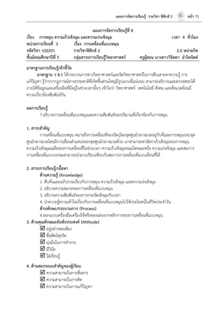 แผนการจัดการเรียนรู้ รายวิชา ฟิสิกส์ 2 หน้า 71
แผนการจัดการเรียนรู้ที่ 8
เรื่อง การหมุน ความเร็วเชิงมุม และความเร่งเชิงมุม เวลา 4 ชั่วโมง
หน่วยการเรียนที่ 3 เรื่อง การเคลื่อนที่แบบหมุน
รหัสวิชา ว32201 รายวิชาฟิสิกส์ 2 2.0 หน่วยกิต
ชั้นมัธยมศึกษาปีที่ 5 กลุ่มสาระการเรียนรู้วิทยาศาสตร์ ครูผู้สอน นางสาววิจิตตา อาไพจิตต์
มาตรฐานการเรียนรู้/ตัวชี้วัด
มาตรฐาน ว 8.1 ใช้กระบวนการทางวิทยาศาสตร์และจิตวิทยาศาสตร์ในการสืบเสาะหาความรู้ การ
แก้ปัญหา รู้ว่าปรากฏการณ์ทางธรรมชาติที่เกิดขึ้นส่วนใหญ่มีรูปแบบที่แน่นอน สามารถอธิบายและตรวจสอบได้
ภายใต้ข้อมูลและเครื่องมือที่มีอยู่ในช่วงเวลานั้นๆ เข้าใจว่า วิทยาศาสตร์ เทคโนโลยี สังคม และสิ่งแวดล้อมมี
ความเกี่ยวข้องสัมพันธ์กัน
ผลการเรียนรู้
7.อธิบายการเคลื่อนที่แบบหมุนและความสัมพันธ์ของปริมาณที่เกี่ยวข้องกับการหมุน
1. สาระสาคัญ
การเคลื่อนที่แบบหมุน หมายถึงการเคลื่อนที่ของวัตถุโดยจุดศูนย์กลางมวลอยู่กับที่และการหมุนรอบจุด
ศูนย์กลางมวลโดยมีการเลื่อนตาแหน่งของจุดศูนย์กลางมวลด้วย เราสามารถหาอัตราเร็วเชิงมุมของการหมุน
ความเร็วเชิงมุมเฉลี่ยของการเคลื่อนที่ในช่วงเวลา ความเร็วเชิงมุมขณะใดขณะหนึ่ง ความเร่งเชิงมุม และสมการ
การเคลื่อนที่แบบวงกลมสามารถนามาเปรียบเทียบกับสมการการเคลื่อนที่แบบเลื่อนที่ได้
2. สาระการเรียนรู้/เนื้อหา
ด้านความรู้ (Knowledge)
1. สืบค้นและอภิปรายเกี่ยวกับการหมุน ความเร็วเชิงมุม และความเร่งเชิงมุม
2. อธิบายความหมายของการเคลื่อนที่แบบหมุน
3. อธิบายความสัมพันธ์ของการกระจัดเชิงมุมกับเวลา
4. นาความรู้ความเข้าใจเกี่ยวกับการเคลื่อนที่แบบหมุนไปใช้ประโยชน์ในชีวิตประจาวัน
ด้านทักษะ/กระบวนการ (Process)
4.ออกแบบเครื่องมือเครื่องใช้หรือของเล่นจากหลักการของการเคลื่อนที่แบบหมุน
3. ด้านคุณลักษณะอันพึงประสงค์ (Attitude)
 อยู่อย่างพอเพียง
 ซื่อสัตย์สุจริต
 มุ่งมั่นในการทางาน
 มีวินัย
 ใฝ่เรียนรู้
4. ด้านสมรรถนะสาคัญของผู้เรียน
 ความสามารถในการสื่อสาร
 ความสามารถในการคิด
 ความสามารถในการแก้ปัญหา
 