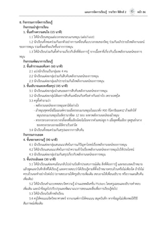 แผนการจัดการเรียนรู้ รายวิชา ฟิสิกส์ 2 หน้า 86
8. กิจกรรมการจัดการเรียนรู้
กิจกรรมนาสู่การเรียน
1. ขั้นสร้างความสนใจ (15 นาที)
1.1 ให้นักเรียนหมุนแผ่นวงกลมรอบแกนหมุน (แผ่นTwist)
1.2 นักเรียนทั้งหมดร่วมกันยกตัวอย่างการเคลื่อนที่แบบวงกลมของวัตถุ ร่วมกันอภิปรายถึงพลังงานจลน์
ของการหมุน รวมทั้งผลที่จะเกิดขึ้นจากการหมุน
1.3 ให้นักเรียนร่วมกันตั้งคาถามเกี่ยวกับสิ่งที่ต้องการรู้ จากเนื้อหาที่เกี่ยวกับเรื่องพลังงานจลน์ของการ
หมุน
กิจกรรมพัฒนาการเรียนรู้
2. ขั้นสารวจและค้นหา (60 นาที)
2.1 แบ่งนักเรียนเป็นกลุ่มละ 4 คน
2.2 นักเรียนแต่ละกลุ่มร่วมกันสืบค้นพลังงานจลน์ของการหมุน
2.3 นักเรียนแต่ละกลุ่มอภิปรายร่วมกันถึงพลังงานจลน์ของการหมุน
3. ขั้นอธิบายและลงข้อสรุป (45 นาที)
3.1 นักเรียนแต่ละกลุ่มนาเสนอผลการสืบค้นพลังงานจลน์ของการหมุน
3.2 นักเรียนแต่ละกลุ่มได้ผลการสืบค้นเหมือนกันหรือต่างกันอย่างไร เพราะเหตุใด
3.3 ครูตั้งคาถามว่า
- พลังงานจลน์ของการหมุนหาได้อย่างไร
- ม้าหมุนชุดหนึ่งมีโมเมนต์ความเฉื่อยรอบแกนหมุนในแนวดิ่ง 900 กิโลกรัมเมตร2 ถ้าผลักให้
หมุนรอบแกนหมุนในอัตรานาทีละ 12 รอบ จงหาพลังงานจลน์ของม้าหมุน
- ทรงกระบอกกลวงบางกลิ้งลงพื้นเอียงโดยไม่ไถลจากตาแหน่งสูง h เมื่อสุดพื้นเอียง จุดศูนย์กลาง
ของทรงกระบอกจะมีอัตราเร็วเท่าใด
3.4 นักเรียนทั้งหมดร่วมกันสรุปผลจากการสืบค้น
กิจกรรมรวบยอด
4. ขั้นขยายความรู้ (90 นาที)
4.1 นักเรียนแต่ละกลุ่มเสนอแนวคิดในการแก้ปัญหาโจทย์เรื่องพลังงานจลน์ของการหมุน
4.2 ให้นักเรียนเสนอแนวคิดในการนาความเข้าใจเรื่องพลังงานจลน์ของการหมุนไปใช้ประโยชน์
4.3 นักเรียนแต่ละกลุ่มร่วมกันสรุปเกี่ยวกับพลังงานจลน์ของการหมุน
5. ขั้นประเมินผล (30 นาที)
5.1 ให้นักเรียนแต่ละคนย้อนกลับไปอ่านบันทึกประสบการณ์เดิม สิ่งที่ต้องการรู้ และขอบเขตเป้าหมาย
แล้วพูดและบันทึกสิ่งที่ได้เรียนรู้ และตรวจสอบว่าได้เรียนรู้ตามที่ตั้งเป้าหมายครบถ้วนหรือไม่เพียงใด ถ้ายังไม่
ครบถ้วนจะทาอย่างไรต่อไป (อาจสอบถามให้ครูอธิบายเพิ่มเติม สอบถามให้เพื่อนอธิบาย หรือวางแผนสืบค้น
เพิ่มเติม)
5.2 ให้นักเรียนทาแบบทดสอบวัดความรู้ ผ่านแอพพลิเคชั่น Plickers โดยครูเฉลยและอธิบายคาตอบ
เพิ่มเติม และนาข้อมูลไปปรับปรุงและพัฒนาแนวการสอนและสื่อเพื่อการเรียนรู้ต่อไป
5.3 ให้นักเรียนบันทึกหลังเรียน
5.4 ครูให้คะแนนจิตวิทยาศาสตร์ จากเกณฑ์การให้คะแนน สมุดบันทึก หากข้อมูลไม่เพียงพอใช้วิธี
สัมภาษณ์เพิ่มเติม
 