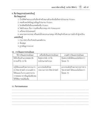 แผนการจัดการเรียนรู้ รายวิชา ฟิสิกส์ 2 หน้า 87
9. สื่อ/วัสดุอุปกรณ์/แหล่งเรียนรู้
สื่อ/วัสดุอุปกรณ์
1. ป้ายโค้ดคาตอบแบบตัวเลือกสาหรับสแกนด้วยกล้องมือถือผ่านโปรแกรม Plickers
2. คอมพิวเตอร์พร้อมฐานข้อมูลโปรแกรม Plickers
3. โทรศัพท์มือถือที่ลงแอพพลิเคชัน Plickers
4. ไฟล์นาเสนอ เรื่อง การเคลือนที่แบบหมุน MS Powerpoint
5. เครื่องฉายโปรเจคเตอร์
6. แผนกระดาษวงกลม หรือแผ่นไม้กลมรอบแกนหมุน หรือวัตถุสาหรับสถานการณ์นาเข้าสู่บทเรียน
แหล่งเรียนรู้
1. Clip VDO เกี่ยวกับทอร์กและพลังงาน
2. ห้องสมุด
3. ฐานข้อมูล Internet
10. การวัดและการประเมินผล
วิธีการวัดและประเมินผล เครื่องมือวัดและประเมินผล เกณฑ์การวัดและประเมินผล
ให้นักเรียนทาแบบทดสอบวัด
ความเข้าใจ 10 ข้อ
ข้อสอบปรนัย 10 ข้อ
บนโปรแกรมPlicker
ข้อสอบปรนัยได้คะแนนไม่น้อยกว่า
ร้อยละ 70
ครูให้คะแนนทักษะกระบวนการ
ทางวิทยาศาสตร์ จากเกณฑ์การ
ให้คะแนน ใบงาน และรายงาน
การทดลอง หากข้อมูลไม่เพียงพอ
ใช้วิธีสัมภาษณ์เพิ่มเติม
แบบประเมินทักษะ
กระบวนการทางวิทยาศาสตร์
แบบประเมินทักษะกระบวนการทาง
วิทยาศาสตร์ ได้คะแนนไม่น้อยกว่า
ร้อยละ 70
11. กิจกรรมเสนอแนะ
....................................................................................................................................................................................
....................................................................................................................................................................................
....................................................................................................................................................................................
....................................................................................................................................................................................
....................................................................................................................................................................................
....................................................................................................................................................................................
 