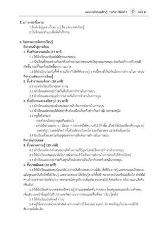 แผนการจัดการเรียนรู้ รายวิชา ฟิสิกส์ 2 หน้า 91
7. ภาระงาน/ชิ้นงาน
1.สืบค้นข้อมูลจากใบความรู้ สื่อ และแหล่งเรียนรู้
2.บันทึกและทาแบบฝึกหัดในใบงาน
8. กิจกรรมการจัดการเรียนรู้
กิจกรรมนาสู่การเรียน
1. ขั้นสร้างความสนใจ (15 นาที)
1.1 ให้นักเรียนแกว่งแท่งไม้รอบแกนหมุน
1.2 นักเรียนทั้งหมดร่วมกันยกตัวอย่างการแกว่งของแท่งวัตถุรอบแกนหมุน ร่วมกันอภิปรายถึงงานที่
เกิดขึ้น รวมทั้งผลที่จะเกิดขึ้นจากการแกว่ง
1.3 ให้นักเรียนร่วมกันตั้งคาถามเกี่ยวกับสิ่งที่ต้องการรู้ จากเนื้อหาที่เกี่ยวกับเรื่องการทางานในการหมุน
กิจกรรมพัฒนาการเรียนรู้
2. ขั้นสารวจและค้นหา (30 นาที)
2.1 แบ่งนักเรียนเป็นกลุ่มละ 4 คน
2.2 นักเรียนแต่ละกลุ่มร่วมกันสืบค้นการทางานในการหมุน
2.3 นักเรียนแต่ละกลุ่มอภิปรายร่วมกันถึงการทางานในการหมุน
3. ขั้นอธิบายและลงข้อสรุป (15 นาที)
3.1 นักเรียนแต่ละกลุ่มนาเสนอผลการสืบค้นการทางานในการหมุน
3.2 นักเรียนแต่ละกลุ่มได้ผลการสืบค้นเหมือนกันหรือต่างกันอย่างไร เพราะเหตุใด
3.3 ครูตั้งคาถามว่า
- การทางานในการหมุนเป็นอย่างไร
- แท่งไม้สม่าเสมอยาว L มีมวล m ปลายหนึ่งติดบานพับไว้กับพื้น เมื่อทาให้เริ่มเคลื่อนที่จากมุม 60
องศาดังรูป ปลายไม้จะถึงพื้นด้วยอัตราเร็วเท่าใด และมีขนาดความเร่งเชิงเส้นเท่าใด
3.4 นักเรียนทั้งหมดร่วมกันสรุปผลจากการสืบค้นการทางานในการหมุน
กิจกรรมรวบยอด
4. ขั้นขยายความรู้ (30 นาที)
4.1 นักเรียนแต่ละกลุ่มเสนอแนวคิดในการแก้ปัญหาโจทย์เรื่องการทางานในการหมุน
4.2 ให้นักเรียนเสนอแนวคิดในการนาความเข้าใจเรื่องการทางานในการหมุนไปใช้ประโยชน์
4.3 นักเรียนแต่ละกลุ่มร่วมกันสรุปเชื่อมโยงความคิดเกี่ยวกับการทางานในการหมุน
5. ขั้นประเมินผล (30 นาที)
5.1 ให้นักเรียนแต่ละคนย้อนกลับไปอ่านบันทึกประสบการณ์เดิม สิ่งที่ต้องการรู้ และขอบเขตเป้าหมาย
แล้วพูดและบันทึกสิ่งที่ได้เรียนรู้ และตรวจสอบว่าได้เรียนรู้ตามที่ตั้งเป้าหมายครบถ้วนหรือไม่เพียงใด ถ้ายังไม่
ครบถ้วนจะทาอย่างไรต่อไป (อาจสอบถามให้ครูอธิบายเพิ่มเติม สอบถามให้เพื่อนอธิบาย หรือวางแผนสืบค้น
เพิ่มเติม)
5.2 ให้นักเรียนทาแบบทดสอบวัดความรู้ ผ่านแอพพลิเคชั่น Plickers โดยครูเฉลยและอธิบายคาตอบ
เพิ่มเติม และนาข้อมูลไปปรับปรุงและพัฒนาแนวการสอนและสื่อเพื่อการเรียนรู้ต่อไป
5.3 ให้นักเรียนบันทึกหลังเรียน
5.4 ครูให้คะแนนจิตวิทยาศาสตร์ จากเกณฑ์การให้คะแนน สมุดบันทึก หากข้อมูลไม่เพียงพอใช้วิธี
สัมภาษณ์เพิ่มเติม
 